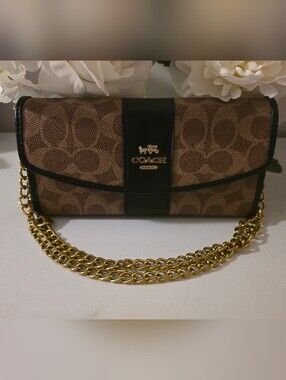 Coach Signature Canvas Bag / Wallet  - Brown/Black With Added Chain Strap